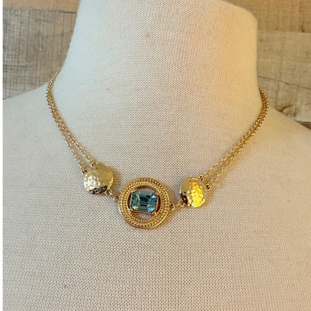 Gold Tone‎ Double Strand Necklace Blue Emerald Cut Stone Hammered Discs
